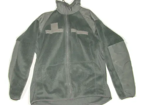 A grey-green zip-up fleece jacket lying flat on a white background.
