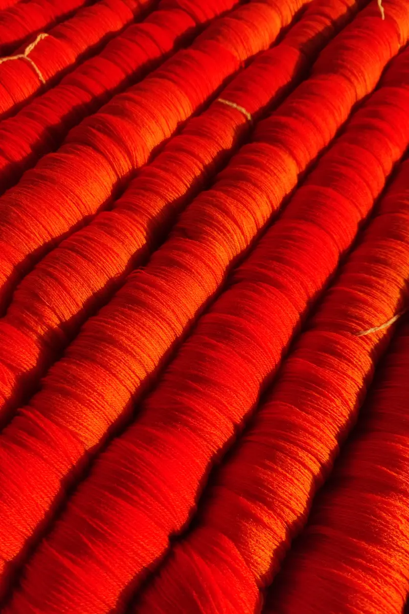 Diagonal rows of freshly dyed red cotton yarn hanks lying side by side in a dye house, lit by low sun.