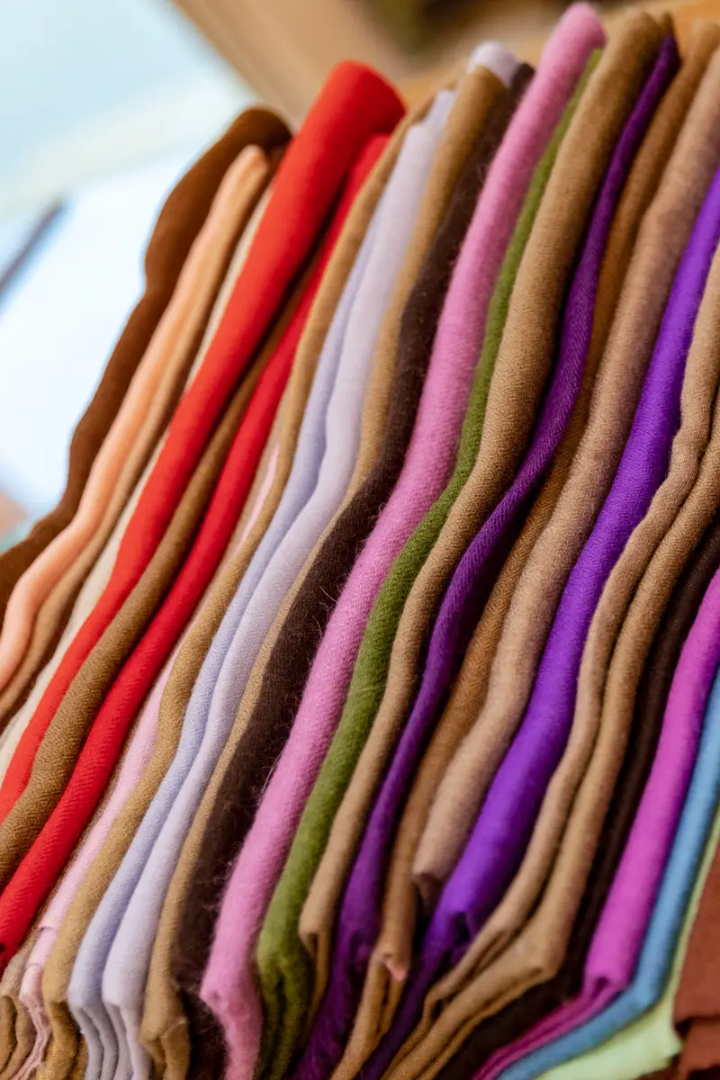 Folded lengths of wool and cotton cloth in red, purple, pink, brown and blue stacked on their sides in a Jaipur textile shop.