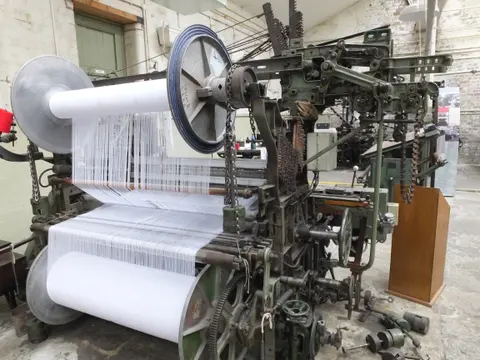 A sheet of white warp threads running from the beam into a weaving loom in a mill shed.